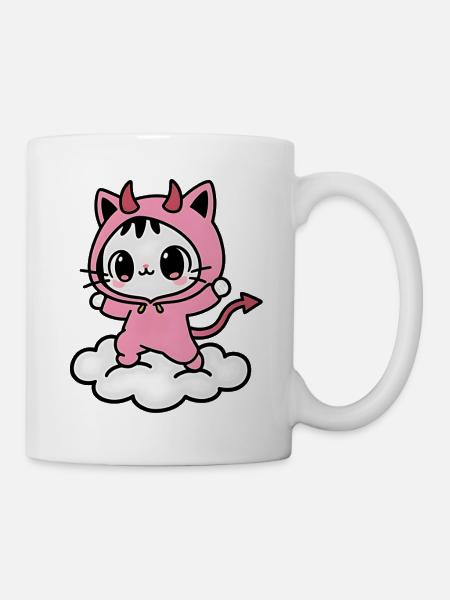 Chat démon rose Kawaii sur un Nuage - Mug blanc - blanc