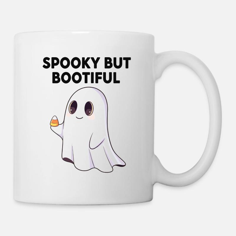 Spooky But Bootiful Cute Ghost Holding Candy Corn  - Mug - white