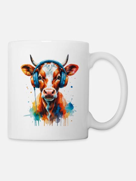 Kuh mit Kopfhörer Popart - Tasse - Weiß