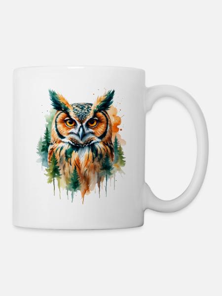 Wasserfarbene Eule im Walddesign - Tasse - Weiß