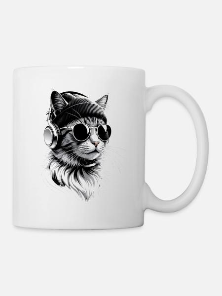 Katzen-DJ mit Kopfhörern - Tasse - Weiß