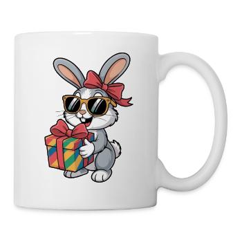 Fröhlicher Hase mit Geschenk - Tasse - Weiß - Rechts
