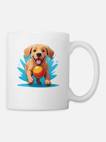 Fröhlicher Hund mit Ball Cartoon - Tasse - Weiß