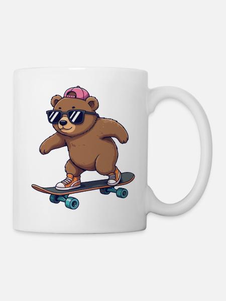 Drôle d’ours patinant sur un skateboard de dessin animé - Mug blanc - blanc