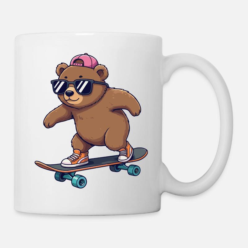 Drôle d’ours patinant sur un skateboard de dessin animé - Mug blanc - blanc