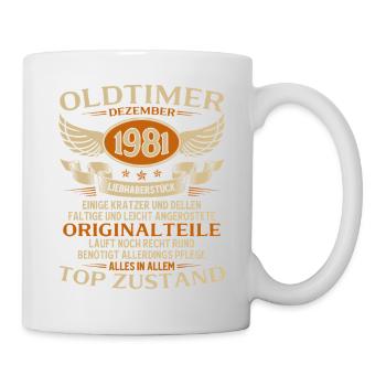 44. Geburtstag Geschenk Oldtimer Dezember 1981 - Tasse - Weiß - Rechts