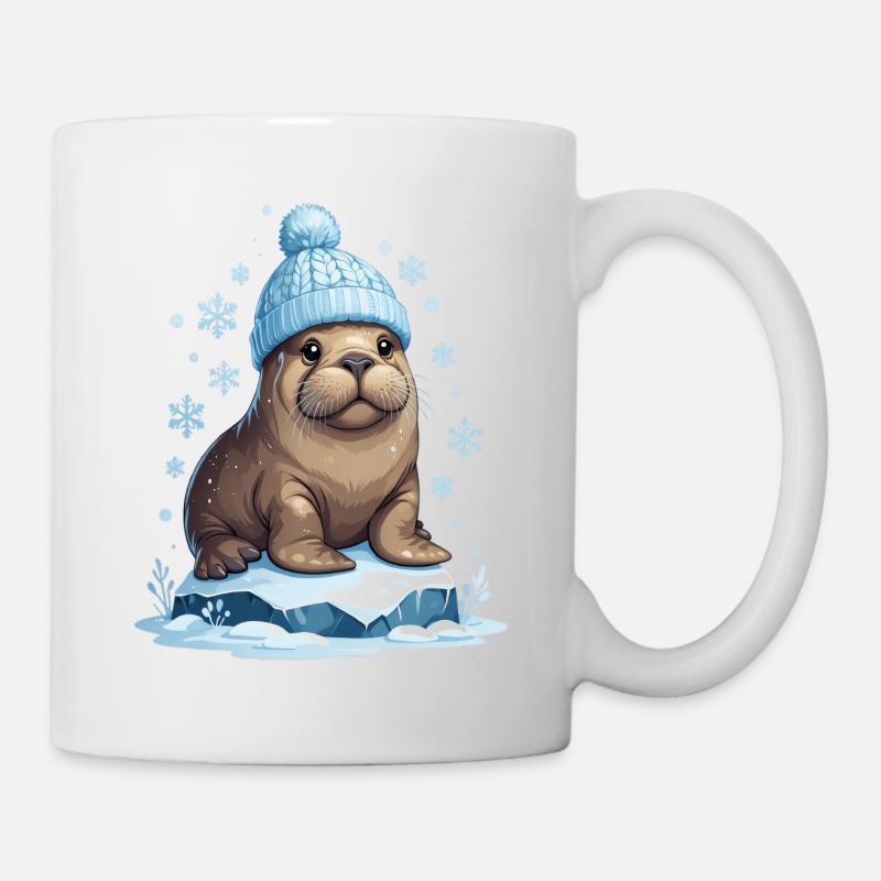 Winter-Seelöwe mit blauer Mütze - Tasse - Weiß