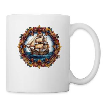 Segelschiff im Ornamenten-Rahmen - Tasse - Weiß - Rechts