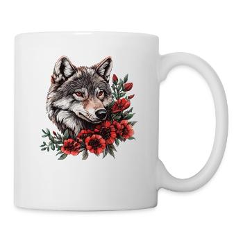 Wolfsgesicht mit roten Blüten - Tasse - Weiß - Rechts