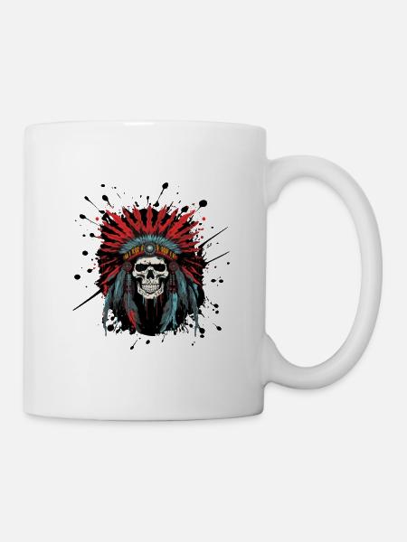 Schädel mit Federkrone – Tribal Design - Tasse - Weiß