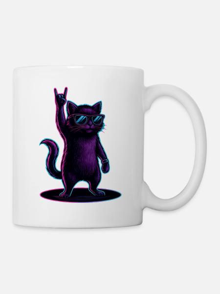 Synthwave Kater Katze mit Rockhand Pose - Tasse - Weiß