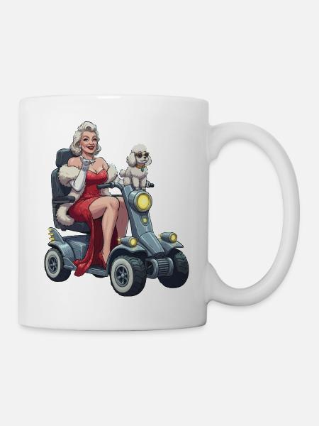 Pinup-Diva auf Mobilitätsroller und Hund - Tasse - Weiß