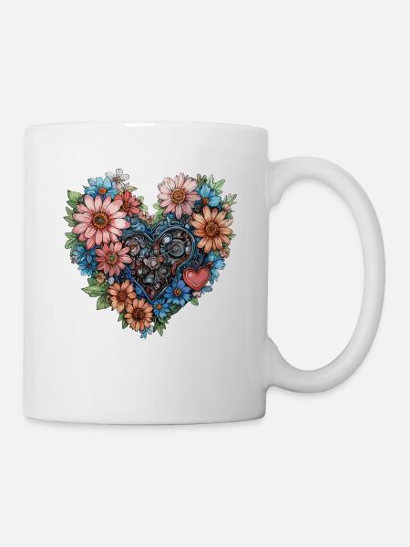 Blumenherz aus Zahnrädern - Tasse - Weiß