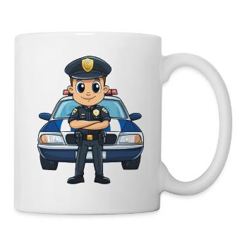 Cartoon policeman in front of police car - Mug - white - Right