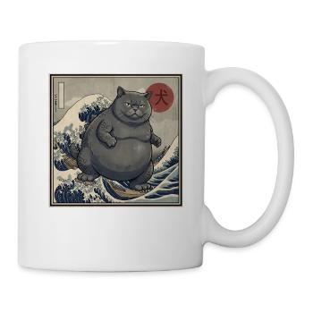 Japanische Kaiju Katze 犬 Große Welle Hokusai - Tasse - Weiß - Rechts