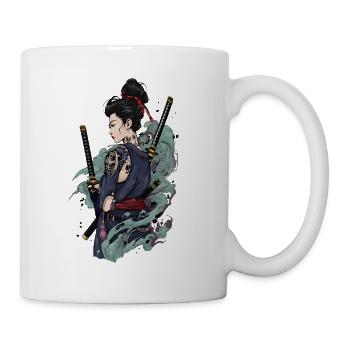 Samurai Kriegerin mit Katana & Oni Tattoo Design - Tasse - Weiß - Rechts