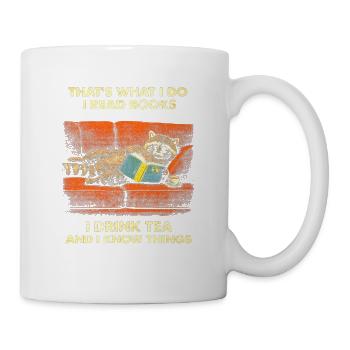 Lesender Waschbär mit Tee - Tasse - Weiß - Rechts