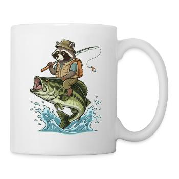 Funny raccoon rides on a bass fish - Mug - white - Right
