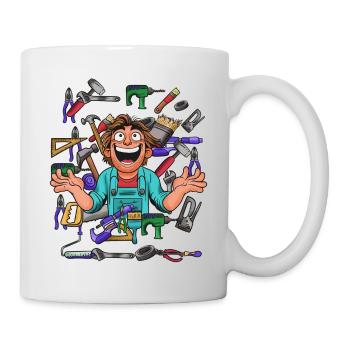 Cheerful craftsman in tool chaos - Mug - white - Right