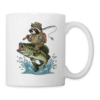 Funny raccoon rides on a bass fish - Mug - white - Right