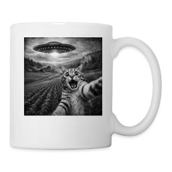 UFO T-Shirt Alien Lustige Katze T-Shirt Herren - Tasse - Weiß - Rechts