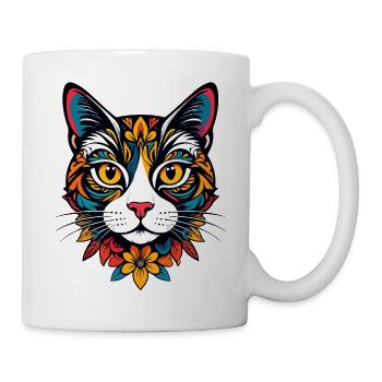 Bunter Katzenkopf mit floralem Muster Katze Motiv - Tasse - Weiß - Rechts