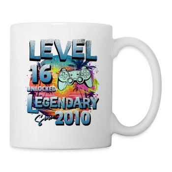 Level 16 Jahre Freigeschaltet seit 2010 Geburtstag - Tasse - Weiß - Rechts