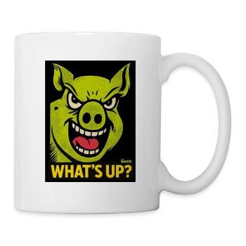 Grinsendes Schwein mit Was ist los? - Tasse - Weiß - Rechts