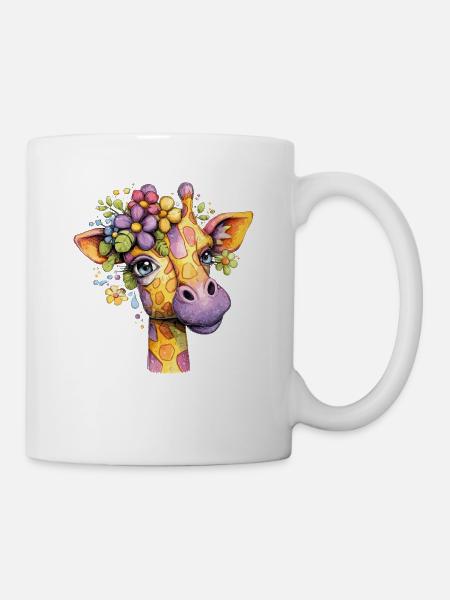 Giraffenporträt mit Blumenkranz - Tasse - Weiß