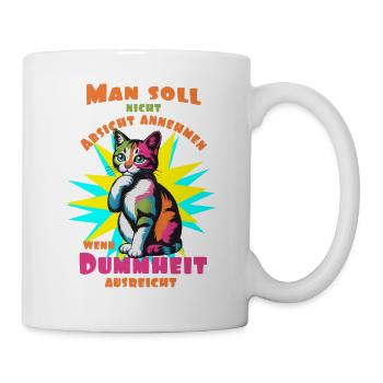 Bunte Pop-Art Katze Dummheit vs. Absicht - Tasse - Weiß - Rechts