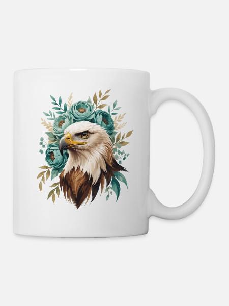 Adlerkopf mit Blütenkranz - Tasse - Weiß