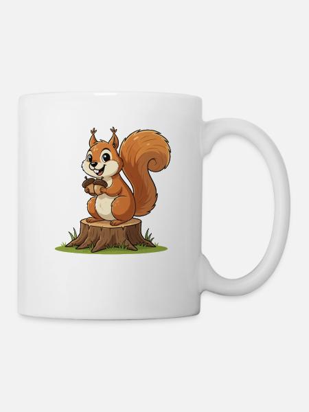 Eichhörnchen am Baumstumpf mit Eichel - Tasse - Weiß