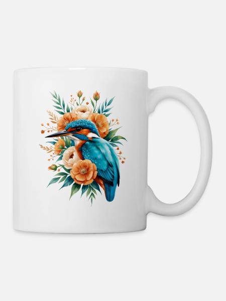 Königfischer im Blütenkranz - Tasse - Weiß
