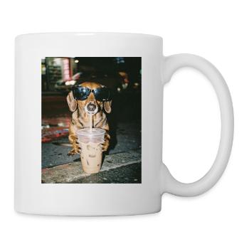 Dackel trink Eiskaffee, Lustiges Dackel Foto - Tasse - Weiß - Rechts