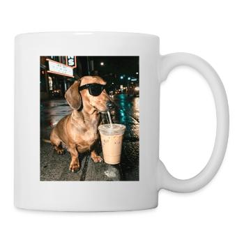 Dackel trink Eiskaffee, Lustiges Dackel Foto - Tasse - Weiß - Rechts