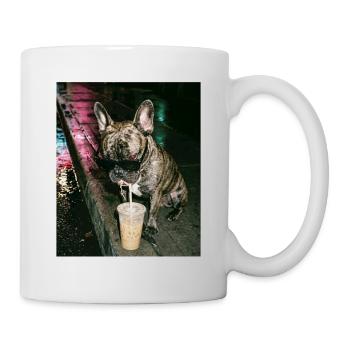 Französische Bulldogge trink Eiskaffee - Tasse - Weiß - Rechts