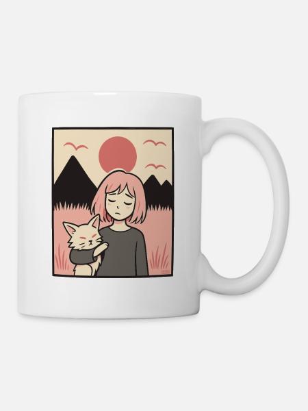 Mädchen mit Katze vor Bergen - Tasse - Weiß