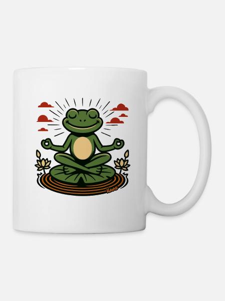 Meditierender Frosch mit Lotusblüten - Tasse - Weiß
