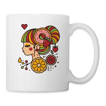 Colorful Woman Profile with Donut and Fruits - Mug - white - Right