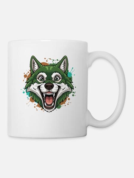 Grüner Wolf mit Farbspritzern - Tasse - Weiß