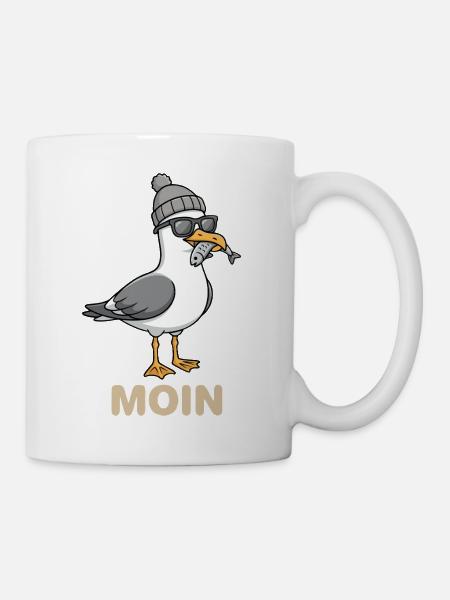 Moin Möwe Vogel mit Mütze und Fisch im Mund Möwen - Tasse - Weiß