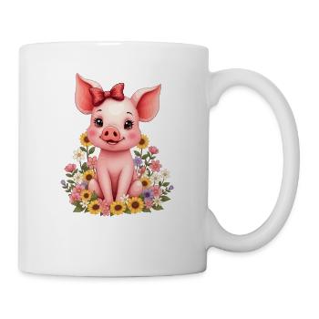 Süßes Schwein mit Schleife und Blumen Ferkel - Tasse - Weiß - Rechts