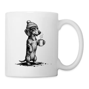 Vintage Dackel mit Kaffee & Mütze - Tasse - Weiß - Rechts