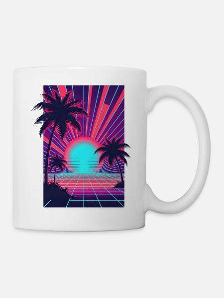 Neon-Sonnenuntergang am Palmenstrand - Tasse - Weiß