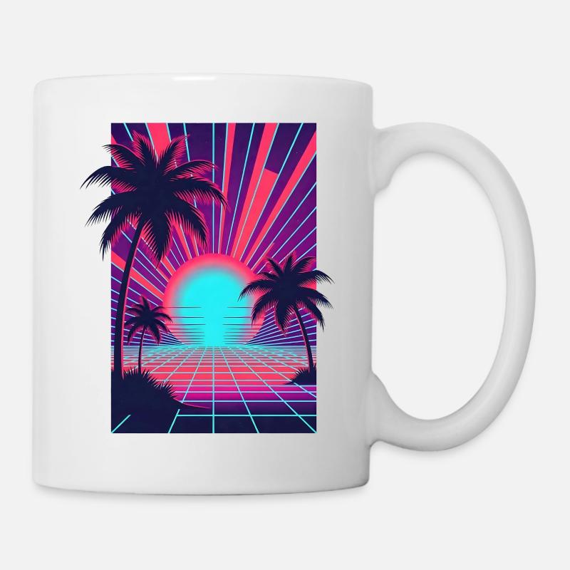 Coucher de soleil néon sur la plage de palmiers - Mug blanc - blanc