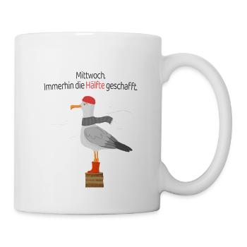  Lustiger Möwe Spruch  Mittwoch Halb Geschafft  - Tasse - Weiß - Rechts