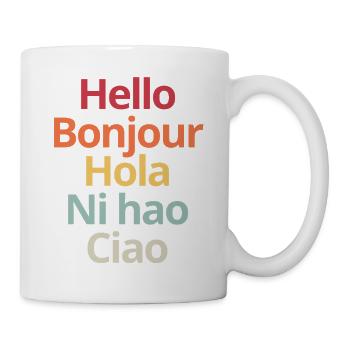Hallo in verschiedenen Sprachen, lustiges linguistisches Tee - Tasse - Weiß - Rechts