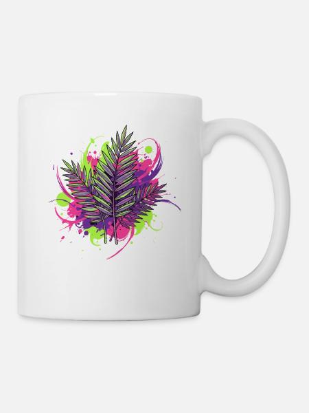 Neon Tropenblatt mit Farbspritzern - Tasse - Weiß