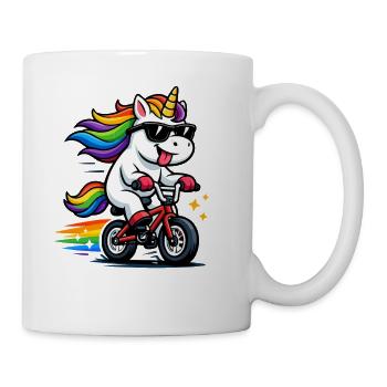 Cooles Einhorn auf Fahrrad – Lustiges Regenbogen  - Tasse - Weiß - Rechts