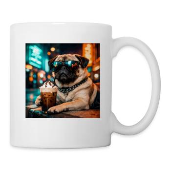 Carlin drôle qui boit du café glacé Mème du chien mignon - Mug blanc - blanc - Droite
